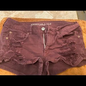 American eagle maroon distressed denim shorts